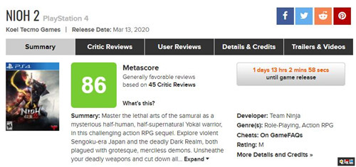 《仁王2》MC评分86 吸取前作优点精雕细琢 媒体评分 PS4 光荣特库摩 仁王2 索尼PS  第2张