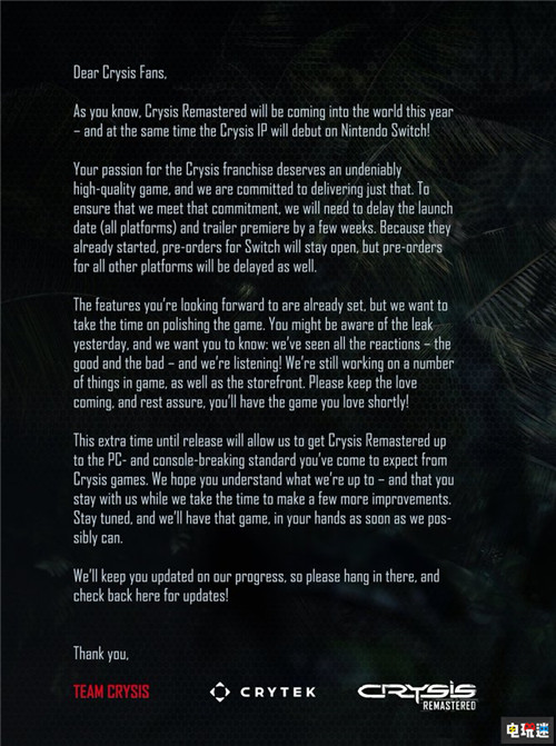 游戏泄露后《孤岛危机：高清版》宣布无限延期 显卡危机 Crytek 孤岛危机：高清版 电玩迷资讯  第3张