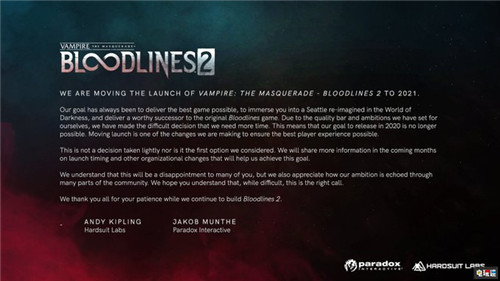《吸血鬼：避世血族2》宣布二次跳票至2021年 延期 跳票 吸血鬼：避世血族2 电玩迷资讯  第3张
