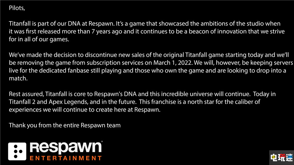 重生娱乐宣布《泰坦陨落》停止发售 在线服务器不会关闭 EA 重生娱乐 泰坦天降 泰坦陨落 电玩迷资讯  第2张