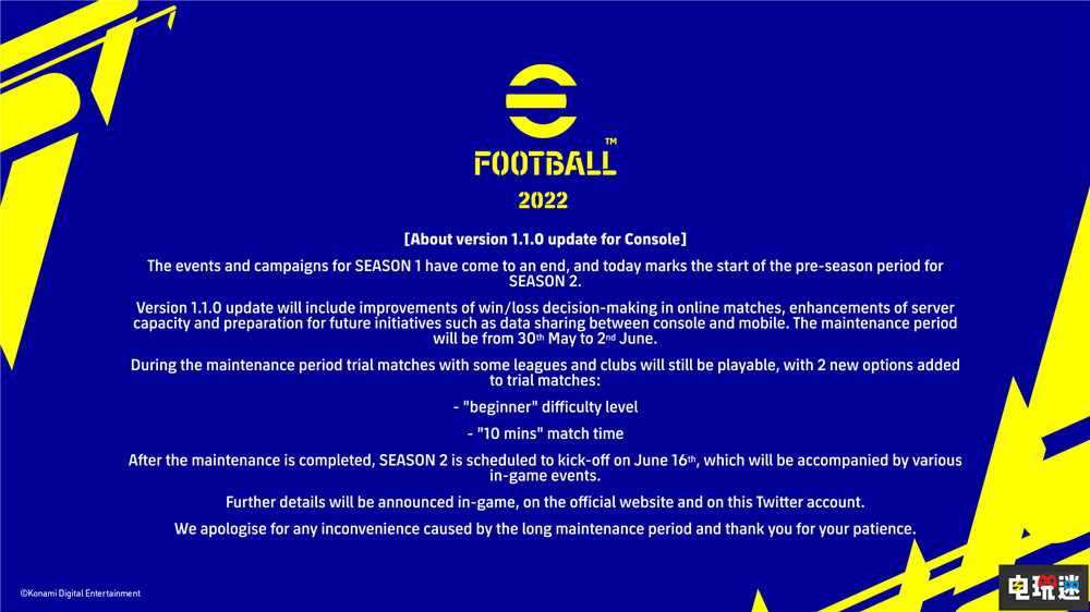 科乐美宣布《eFootball》5月30日将停服维护4天 6月16日第二赛季 足球游戏 第二赛季 实况足球 eFootball 科乐美 电玩迷资讯  第2张