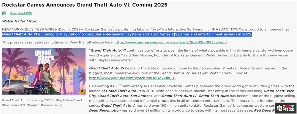 《GTA6》预定2025年推出 双主角 首发依旧没PC版 T2 Take Two 侠盗猎车手6 R星 GTA6 电玩迷资讯  第6张